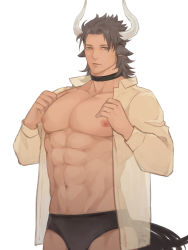 Rule 34 | 1boy, abs, animal ears, arknights, bare pectorals, beige shirt, black male underwear, briefs, brown eyes, brown hair, bulge, cow boy, cow ears, cow horns, cow tail, cowboy shot, earrings, expressionless, highres, horns, jewelry, ketanbakar, large pectorals, male focus, male underwear, matterhorn (arknights), medium hair, muscular, muscular male, navel, nipples, open clothes, open shirt, pectorals, solo, stomach, tail, underwear, undressing