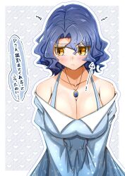 Rule 34 | 1girl, :t, absurdres, averting eyes, blue hair, blush, breasts, cleavage, collarbone, dark blue hair, dress, floral print, giyou70842919, heart, heart background, highres, idolmaster, idolmaster million live!, large breasts, off-shoulder dress, off shoulder, outline, pout, solo, speech bubble, toyokawa fuka, translation request, upper body, wavy hair, white outline, yellow eyes
