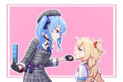 Rule 34 | 2girls, akai haato, akai haato (1st costume), belt, belt buckle, black gloves, blonde hair, blue belt, blue bow, blue eyes, blue hair, blue neckwear, bow, bowtie, breasts, buckle, checkered clothes, checkered dress, checkered headwear, choker, closed mouth, commentary, dress, fingerless gloves, gloves, grey dress, grey headwear, hair bow, hair ornament, hand on another&#039;s chin, hat, heart, heart hair ornament, highres, hololive, hoshimachi suisei, long hair, long sleeves, medium breasts, medium hair, mimyung00, multiple girls, neck ribbon, neckerchief, neckwear request, open mouth, outline, outside border, pink background, red neckwear, ribbon, sailor collar, sailor dress, sailor shirt, school uniform, serafuku, shirt, side ponytail, sleeves past elbows, star (symbol), tetris, virtual youtuber, white outline, white shirt