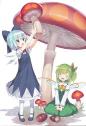 Rule 34 | 2girls, :o, ^ ^, absurdres, acorn, adapted costume, alternate costume, blue bow, blue dress, blue eyes, blue hair, blush, bow, bowtie, capriccio, cirno, closed eyes, daiyousei, dress, fairy wings, fly agaric, frills, full body, giant mushroom, green hair, green skirt, green vest, hair between eyes, hair ribbon, happy, head tilt, highres, holding, ice, ice wings, kneehighs, long sleeves, mary janes, multiple girls, mushroom, on ground, open mouth, outstretched arms, puffy long sleeves, puffy sleeves, red ribbon, ribbon, seiza, shoes, short hair, short sleeves, simple background, sitting, skirt, socks, source request, tiptoes, touhou, vest, white background, white legwear, wings, yellow bow, yellow bowtie, yellow ribbon