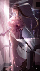 Rule 34 | 1girl, absurdres, bare shoulders, curtains, dress, expressionless, gloves, highres, hua jianghu zhi bei mo ting, indoors, light rays, looking at viewer, non-web source, painting (action), pink dress, ponytail, si kongqi (hua jianghu zhi bei mo ting)