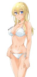 Rule 34 | 1girl, absurdres, bikini, blonde hair, blue eyes, braid, breasts, cleavage, cowboy shot, french braid, highres, kantai collection, large breasts, long hair, looking at viewer, maonatten, one-hour drawing challenge, side-tie bikini bottom, simple background, solo, standing, swimsuit, warspite (kancolle), wet, wet clothes, wet swimsuit, white background, white bikini