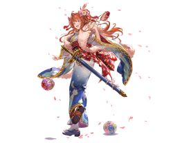 Rule 34 | 10s, 1girl, bag, blue eyes, bow, full body, granblue fantasy, hair bow, hair ornament, handbag, holding, japanese clothes, kimono, lecia (granblue fantasy), long hair, looking at viewer, looking back, minaba hideo, obi, official art, open mouth, orange hair, petals, sandals, sash, smile, solo, sword, tabi, transparent background, weapon, wide sleeves