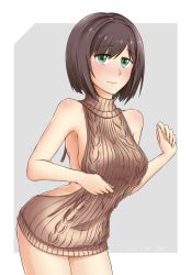 Rule 34 | 1girl, aki (aoirowings), aran sweater, artist name, backless dress, backless outfit, bare shoulders, blush, breasts, brown hair, brown sweater, cable knit, cowboy shot, dated, dress, green eyes, halterneck, idolmaster, idolmaster cinderella girls, leaning forward, looking at viewer, maekawa miku, medium breasts, meme attire, naked sweater, ribbed sweater, short hair, sideboob, smile, solo, sweater, sweater dress, turtleneck, turtleneck sweater, virgin killer sweater