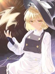 Rule 34 | 1girl, \||/, absurdres, anima miko, black vest, blonde hair, breasts, dress, hat, highres, kirisame marisa, light blush, light rays, medium breasts, short hair, simple background, solo, touhou, turtleneck, upper body, vest, white dress, witch hat, yellow eyes
