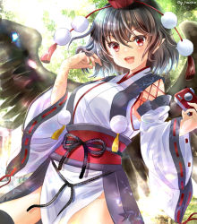 Rule 34 | 1girl, bird wings, black hair, black wings, camera, hajike akira, hat, highres, holding, holding camera, japanese clothes, kimono, kourindou tengu costume, looking at viewer, official alternate costume, open mouth, pointy ears, pom pom (clothes), red eyes, red hat, ribbon-trimmed sleeves, ribbon trim, sash, shameimaru aya, short hair, solo, teeth, thighs, tokin hat, touhou, upper teeth only, white kimono, wide sleeves, wings
