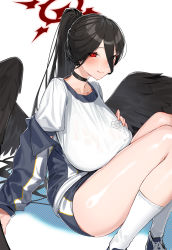 Rule 34 | 1girl, black choker, black hair, black wings, blue archive, blue jacket, breasts, choker, closed mouth, eyes visible through hair, feet out of frame, from side, gym uniform, hair between eyes, halo, hasumi (blue archive), hasumi (track) (blue archive), highres, jacket, kare huang, knees up, large breasts, long hair, looking at viewer, off shoulder, official alternate costume, open clothes, open jacket, ponytail, see-through, shiny skin, shirt, shoes, short shorts, shorts, simple background, sitting, smile, socks, solo, thighs, track jacket, very long hair, white background, white shirt, white socks, wings
