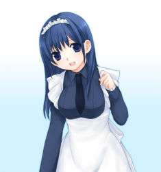 Rule 34 | 1girl, apron, black necktie, blue eyes, blue hair, breasts, gradient background, large breasts, long sleeves, looking at viewer, maid, maid apron, maid headdress, matching hair/eyes, necktie, original, simple background, solo, usashiro mani, waist apron