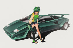 Rule 34 | 1girl, absurdres, ahoge, animal ear fluff, animal ears, black shorts, black thighhighs, bokuya, car, closed mouth, commission, green car, green eyes, green footwear, green hair, green shirt, green theme, hat, highres, jacket, jewelry, lamborghini, lamborghini countach, long hair, long sleeves, looking at viewer, motor vehicle, multicolored clothes, multicolored jacket, open clothes, open jacket, original, pendant, shadow, shirt, shoes, shorts, single thighhigh, skeb commission, smile, sneakers, solo, sports car, standing, thighhighs, vehicle focus