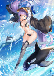 Rule 34 | 1girl, absurdres, animal hood, armor, bare shoulders, bikini, black bikini, black jacket, blue bow, blue eyes, blue sky, blush, bow, breasts, choker, closed mouth, collarbone, fate/grand order, fate (series), greaves, highres, hood, hood up, jacket, kaer sasi dianxia, legs, long hair, long sleeves, looking at viewer, meltryllis, meltryllis (fate), meltryllis (swimsuit lancer) (fate), meltryllis (swimsuit lancer) (first ascension) (fate), navel, ocean, open clothes, open jacket, orca, penguin hood, prosthesis, prosthetic leg, purple hair, sky, sleeves past fingers, sleeves past wrists, small breasts, smile, swimsuit, very long hair