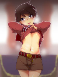 Rule 34 | 10s, 1girl, androgynous, bad id, bad pixiv id, belt, blush, breasts, brown eyes, brown hair, clothes lift, hyudora, kantai collection, looking at viewer, mogami (kancolle), navel, nipples, no bra, open mouth, reverse trap, shirt lift, shorts, small breasts, smile, solo, standing, tilted head, tomboy, undressing