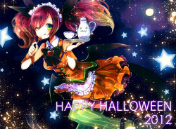 Rule 34 | 1girl, ;q, bat wings, bow, candy, cup, dress, food, halloween, hose, long hair, maid, multicolored eyes, one eye closed, orange dress, orange skirt, original, pinstripe pattern, red hair, sazanami shione, skirt, smile, solo, star (symbol), striped, teacup, thighhighs, tongue, tongue out, twintails, wings, zettai ryouiki