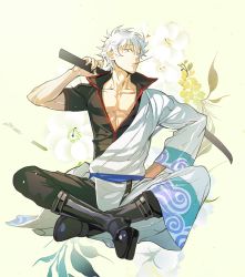 Rule 34 | 1boy, boots, flower, full body, gintama, hand on own hip, indian style, japanese clothes, kimono, looking at viewer, pectoral cleavage, male focus, off shoulder, pectorals, red eyes, sakata gintoki, sitting, solo, sword, sword behind back, weapon, white hair, wooden sword, yellow background, yonsang21