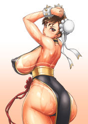 Rule 34 | 1girl, alternate costume, areola slip, ass, back, bai linqin, bare arms, bare back, bare shoulders, bracelet, braid, breasts, brown eyes, brown hair, capcom, china dress, chinese clothes, chun-li, covered erect nipples, curvy, dark-skinned female, dark skin, double bun, dress, female focus, hair bun, highres, hip focus, huge ass, huge breasts, jewelry, looking at viewer, looking back, nipples, no bra, parted lips, puffy nipples, shiny skin, sideboob, solo, spiked bracelet, spikes, street fighter, street fighter v, sweat, tan, tanline, thick thighs, thighs, wet, wide hips
