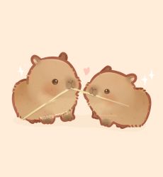 Rule 34 | animal, animal focus, artist name, capybara, commentary request, food in mouth, heart, highres, kapebeansies, looking at another, no humans, original, photo-referenced, simple background, sparkle, watermark