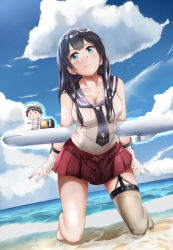 Rule 34 | 10s, 1boy, 1girl, agano (kancolle), barefoot, beach, black hair, blush, breasts, brown thighhighs, butter curry, character request, cleavage, closed mouth, collarbone, day, garter straps, gloves, green eyes, kantai collection, kneeling, large breasts, long hair, looking at viewer, ocean, outdoors, red skirt, skirt, smile, thighhighs, white gloves