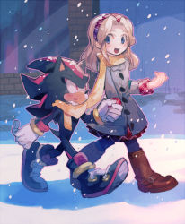 Rule 34 | 1girl, aoki (fumomo), bad id, bad pixiv id, blonde hair, blue eyes, blush, boots, coat, couple, furry, furry female, furry male, furry with non-furry, hairband, holding hands, interspecies, long hair, maria robotnik, outdoors, pantyhose, scarf, sega, shadow the hedgehog, shared clothes, shared scarf, smile, snow, sonic (series), walking, winter clothes