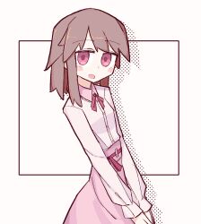Rule 34 | 1girl, border, commentary, dress, from side, fusazakura, halftone, highres, looking at viewer, open mouth, original, outside border, own hands together, pink dress, pink eyes, pink ribbon, ribbon, shadow, shirt, simple background, solo, white background, white shirt