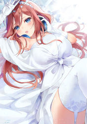 Rule 34 | 1girl, :o, absurdres, bare shoulders, blue eyes, blush, breasts, brown hair, commentary request, cowboy shot, dress, elbow gloves, eyes visible through hair, garter straps, gloves, go-toubun no hanayome, hair between eyes, hairband, hand up, headphones, headphones around neck, highres, holding, holding headphones, large breasts, light rays, long hair, looking at viewer, lying, machamochi, middle w, nakano miku, on back, open mouth, sidelocks, signature, solo, strapless, strapless dress, sunbeam, sunlight, thighhighs, w, wedding dress, white dress, white gloves, white thighhighs