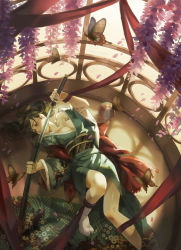 Rule 34 | 1girl, ball, beachball, black hair, breasts, bug, butterfly, cage, cleavage, collarbone, empty eyes, floral print, flower, half-closed eyes, highres, holding, in container, bug, japanese clothes, katana, kimono, knee up, long hair, long sleeves, lying, obi, off shoulder, on back, open clothes, open kimono, original, petals, red eyes, ribbon, sash, sawana, sheath, solo, sword, tabi, unsheathing, weapon, wide sleeves, wisteria