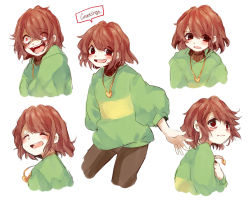 Rule 34 | :d, ^ ^, androgynous, bad id, bad tumblr id, blush, blush stickers, brown hair, chara (undertale), character sheet, closed eyes, crazy eyes, english text, evil smile, expressions, gender request, hair between eyes, heart, heart necklace, jewelry, koyashaka, long sleeves, looking at viewer, looking away, multiple views, naughty face, necklace, open mouth, puffy long sleeves, puffy sleeves, red eyes, shirt, simple background, smile, speech bubble, spoilers, striped clothes, striped shirt, teeth, undertale, white background