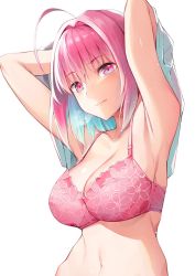 Rule 34 | 1girl, ahoge, armpits, arms behind head, arms up, bare shoulders, blue hair, blush, breasts, cleavage, closed mouth, collarbone, hair intakes, idolmaster, idolmaster cinderella girls, large breasts, looking at viewer, multicolored hair, navel, pink eyes, pink hair, shirt, short hair, simple background, smile, solo, two-tone hair, umihotaru harumare, undressing, white background, white shirt, yumemi riamu