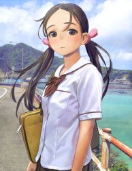 Rule 34 | 1girl, bag, breast pocket, brown eyes, brown hair, closed mouth, cloud, cloudy sky, collared shirt, day, floating hair, grey skirt, long hair, looking at viewer, mountain, murata range, neckerchief, original, outdoors, pleated skirt, pocket, railing, red neckerchief, road, sailor collar, sailor shirt, school bag, shirt, short sleeves, shoulder bag, skirt, sky, solo, standing, twintails, upper body, water, white shirt