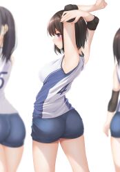 Rule 34 | 3girls, armpits, arms up, ass, ball, blue eyes, blue shorts, blurry, breasts, brown hair, depth of field, elbow pads, elbow sleeve, gym shorts, highres, knee pads, large breasts, minato ojitan, multiple girls, original, pantylines, shirt, shorts, simple background, sleeveless, sleeveless shirt, solo focus, sportswear, stretching, uniform, volleyball (object), volleyball uniform, white background