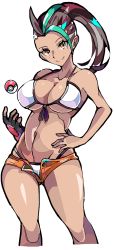 Rule 34 | 1girl, absurdres, ahoge, armpits, bare shoulders, bikini, bikini under clothes, breasts, cleavage, collarbone, creatures (company), dark-skinned female, dark skin, dyed bangs, enpe, feet out of frame, freckles, front-tie bra, game freak, gauntlets, green stripes, high ponytail, highres, large breasts, looking at viewer, midriff, navel, nemona (pokemon), nintendo, open clothes, open shorts, orange eyes, orange shorts, poke ball, poke ball (basic), pokemon, pokemon sv, ponytail, shorts, stomach, swimsuit, thick thighs, thigh gap, thighs, thong bikini, throwing poke ball, white bikini, wide hips