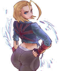 Rule 34 | 1girl, absurdres, ass, blonde hair, blue eyes, breasts, bumdraws, cammy white, crop top, fingerless gloves, from behind, gloves, hand on own hip, highres, jacket, lips, looking back, pants, pantylines, short hair, street fighter, street fighter 6, union jack, white background