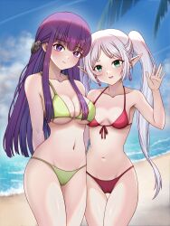 Rule 34 | 2girls, :d, absurdres, alternate costume, arms behind back, bare arms, beach, bikini, blue sky, blunt bangs, breasts, cameltoe, cleavage, closed mouth, cloud, collarbone, cowboy shot, day, earrings, fern (sousou no frieren), frieren, front-tie bikini top, front-tie top, gem, green bikini, green eyes, hair ornament, halterneck, highres, jewelry, large breasts, long hair, looking at viewer, multiple girls, navel, ocean, open mouth, outdoors, palm tree, parted bangs, pointy ears, purple eyes, purple hair, red bikini, red gemstone, red ribbon, ribbon, sky, small breasts, smile, sousou no frieren, summer, swimsuit, thigh gap, tree, twintails, underboob, user hzyc7324, very long hair, white hair