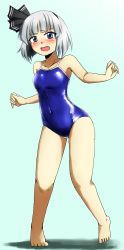 Rule 34 | 1girl, aqua background, black bow, black hairband, blue eyes, blue one-piece swimsuit, blush, bob cut, bow, breasts, competition school swimsuit, competition swimsuit, d-m (dii emu), full body, hairband, highres, konpaku youmu, looking at viewer, one-piece swimsuit, open mouth, school swimsuit, shiny clothes, short hair, small breasts, solo, swimsuit, touhou, white hair
