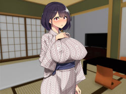 Rule 34 | 1girl, black hair, blush, breasts, covered erect nipples, embarrassed, female focus, hand on own chest, hand up, highres, indoors, japanese clothes, kimono, large breasts, looking at viewer, mole, mole under eye, munashi mujou, netorare bijin tsuma no tanetsuke tsuishi mensetsu, nose blush, obi, original, parted lips, red eyes, sash, short hair, solo, standing, tatami, television, upper body, wide sleeves