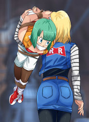 Rule 34 | 2girls, android 18, ass, bdsm, blonde hair, blue eyes, bondage, bound, bound ankles, bound legs, bound wrists, breasts, bulma, carrying, carrying over shoulder, cloth gag, dragon ball, dragonball z, from behind, gag, gagged, green hair, highres, improvised gag, jacket, lost one zero, multiple girls, over the mouth gag, pants, small breasts, white pants