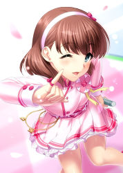 Rule 34 | 1girl, belt, blush, breasts, brown hair, buttons, chain, cherry blossoms, finger to mouth, hair ribbon, highres, idolmaster, idolmaster cinderella girls, kira! mankai smile, long sleeves, looking at viewer, medium breasts, microphone, miniskirt, one eye closed, open mouth, petals, pink shirt, pink skirt, pinky to mouth, ribbon, sakuma mayu, shirt, short hair, skirt, smile, solo, thighs, wrist cuffs, zen