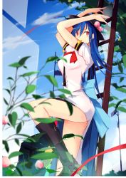 Rule 34 | 1girl, adapted costume, arms up, black footwear, black hat, blue bow, blue hair, blurry, boots, bow, cloud, cloudy sky, depth of field, dress, flower, food, from side, fruit, hat, highres, hinanawi tenshi, knee boots, large bow, leg up, long hair, looking at viewer, peach, red eyes, short sleeves, sky, solo, standing, tetsurou (fe+), touhou, white dress