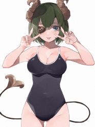 Rule 34 | 1girl, nanashi inc., black one-piece swimsuit, blue eyes, blush, breasts, cleavage, closed mouth, competition school swimsuit, covered navel, cowboy shot, demon girl, demon horns, demon tail, eyepatch, green hair, groin, highres, honey strap, horns, large breasts, looking at viewer, one-piece swimsuit, rippootai, school swimsuit, sekishiro mico, short hair, simple background, smile, solo, swimsuit, tail, thigh gap, tongue, tongue out, virtual youtuber, white background