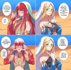 2girls 4koma alternate_costume alternate_hairstyle arabian_clothes artist_name artist_request bare_shoulders blush breasts comic dessert detached_sleeves english_text flat_chest food gold hood humanization long_hair medium_breasts mipha multiple_girls nails nintendo princess_zelda red_hair sand sketch speech_bubble the_legend_of_zelda the_legend_of_zelda:_breath_of_the_wild yellow_eyes