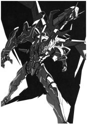 Rule 34 | absurdres, greyscale, gridknight (ssss.gridman), gridman universe, highres, mecha, monochrome, no humans, official art, robot, simple background, solo, ssss.dynazenon, standing, traditional media, trigger (company), tsuburaya productions, wings, yoshinari you
