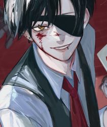 1boy, 2others, black footwear, black hair, blood, blood on face, card, cropped, earlgrey3183, earrings, eyepatch, grin, highres, jewelry, lip piercing, looking at viewer, male focus, multiple others, necktie, orange eyes, original, parted lips, piercing, pool of blood, puddle, red neckwear, smile, solo focus