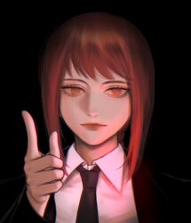 Rule 34 | 1girl, black background, black necktie, black suit, braid, chainsaw man, commentary, czy (2894456992), formal, makima (chainsaw man), necktie, orange eyes, pointing, portrait, red hair, red lips, ringed eyes, sidelocks, single braid, solo, suit