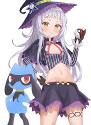 Rule 34 | 1girl, 1other, absurdres, black capelet, black gloves, black headwear, blunt bangs, blush, bow, bowtie, breasts, brooch, capelet, cleavage, commentary request, creatures (company), crop top, cropped shirt, game freak, gen 4 pokemon, gloves, grey hair, grey shirt, hand up, hat, heunggugi, highres, holding, hololive, jewelry, long hair, long sleeves, looking at viewer, midriff, miniskirt, murasaki shion, murasaki shion (1st costume), navel, nintendo, orange eyes, pink bow, pink bowtie, pinstripe pattern, pinstripe shirt, poke ball, pokemon, purple capelet, riolu, shadow, shirt, short eyebrows, sidelocks, skirt, small breasts, smile, standing, star brooch, stomach, striped clothes, striped shirt, thigh strap, tilted headwear, vertical-striped clothes, vertical-striped shirt, virtual youtuber, witch hat