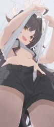 Rule 34 | 1girl, :d, ahoge, black hair, black shorts, blue archive, bra, brown eyes, clothes lift, halo, highres, hiroki (yyqw7151), horns, kasumi (blue archive), lifted by self, long hair, looking at viewer, navel, open mouth, panties, panties under shorts, shirt, shirt lift, shorts, smile, solo, stomach, underwear, upshirt, white bra, white panties, white shirt