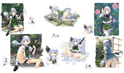Rule 34 | 1girl, 77gl, ass, bad id, bad pixiv id, blue eyes, clothes lift, female focus, flower, from behind, ghost, hairband, highres, indoors, katana, konpaku youmu, konpaku youmu (ghost), multiple views, nature, outdoors, panties, plant, sexually suggestive, short hair, silver hair, skirt, skirt lift, striped clothes, striped panties, sword, touhou, underwear, weapon, white background