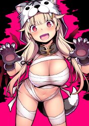 Rule 34 | 1girl, absurdres, animal hands, animal hood, bandaged arm, bandages, black ribbon, blonde hair, breasts, cape, chest sarashi, claws, cleavage, fangs, gloves, hair between eyes, hair flaps, hair ornament, hair ribbon, hairclip, halloween, halloween costume, highres, hood, hood up, kantai collection, kuromayu, large breasts, long hair, looking at viewer, official alternate costume, open mouth, paw gloves, red eyes, ribbon, sarashi, simple background, solo, twintails, very long hair, yuudachi (kancolle), yuudachi kai ni (kancolle)
