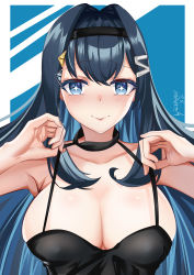 Rule 34 | + +, 1girl, absurdres, ailifente elephant, artist name, black dress, black hairband, blue hair, breasts, chinese commentary, cleavage, dress, embarrassed, hairband, halterneck, highres, hololive, hololive china, large breasts, long hair, looking at viewer, rosalyn (hololive), solo, strap pull, upper body, virtual youtuber