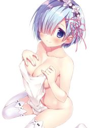 Rule 34 | 10s, 1girl, areola slip, blue eyes, blue hair, blush, breasts, cleavage, clothes in front, covering privates, fingernails, hair ornament, hair over one eye, hairband, hand on own chest, lolita hairband, looking at viewer, matching hair/eyes, medium breasts, navel, no shoes, nude, nude cover, one-piece swimsuit, re:zero kara hajimeru isekai seikatsu, rem (re:zero), ryouka (suzuya), school swimsuit, short hair, simple background, sitting, smile, solo, swimsuit, unworn swimsuit, thighhighs, wariza, white background, white one-piece swimsuit, white school swimsuit, white thighhighs, x hair ornament