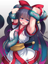 Rule 34 | 1girl, armpits, arms up, black hair, blue eyes, blunt bangs, blush, c.r., commentary request, detached sleeves, gradient background, hairband, highres, long hair, molestation, nakoruru, open mouth, red hairband, red trim, restrained, samurai shodown, samurai spirits, sash, shirt, short sleeves, signature, snk, solo, tentacles, the king of fighters, upper body, very long hair, white shirt, yellow sash