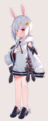 Rule 34 | 1girl, animal ears, black bow, black footwear, blush, bow, carrot hair ornament, drawstring, eyes visible through hair, food-themed hair ornament, full body, grey background, hair ornament, hair over one eye, high heels, highres, hood, hood down, hoodie, long sleeves, looking at viewer, meito (maze), open mouth, original, rabbit ears, shoes, short hair, sidelocks, silver hair, simple background, sleeves past wrists, solo, standing, striped, striped bow, wavy mouth, white hoodie, wide sleeves