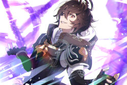 Rule 34 | 1boy, ahoge, armor, breastplate, brown hair, commentary request, crazy eyes, crazy smile, empty eyes, energy sword, evil grin, evil smile, fingerless gloves, furrowed brow, gloves, glowing, granblue fantasy, grin, hair between eyes, highres, hood, hood down, leaning back, light particles, light rays, looking at viewer, makita (homosapiensu), male focus, messy hair, outstretched arms, red eyes, sandalphon (granblue fantasy), short hair, shoulder armor, smile, solo focus, sword, upper body, weapon
